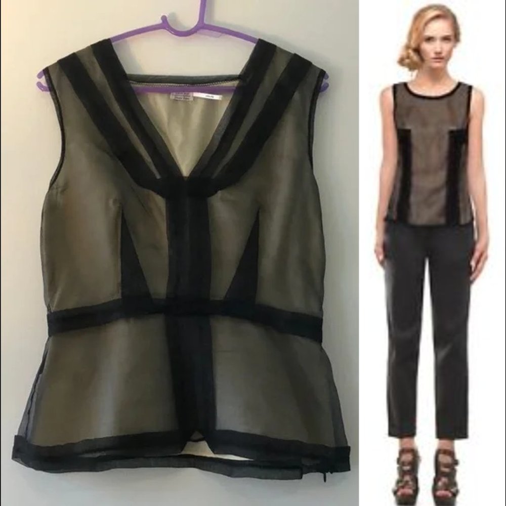 Vintage new Leon Max 100% silk semi-sheer contrast organza v-neck fitted blouse